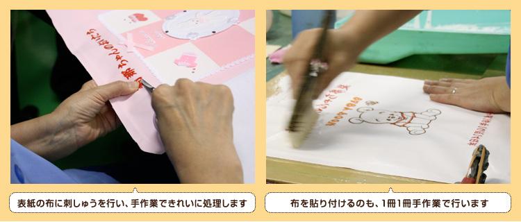 表紙の布に刺繍を行い、手作業できれいに処理します